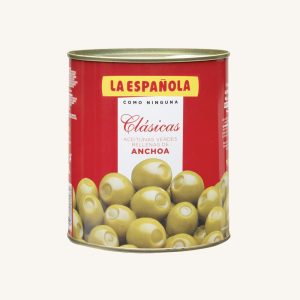 La Española Green olives stuffed with anchovies, Clásicas, manzanilla variety, medium can 345 gr drained (830 gr net weight)