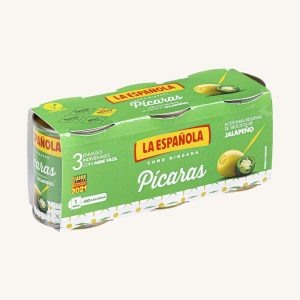 La Española Green olives stuffed with jalapeño, Pícaras, manzanilla variety, 3 cans pack 3 x 50 gr drained