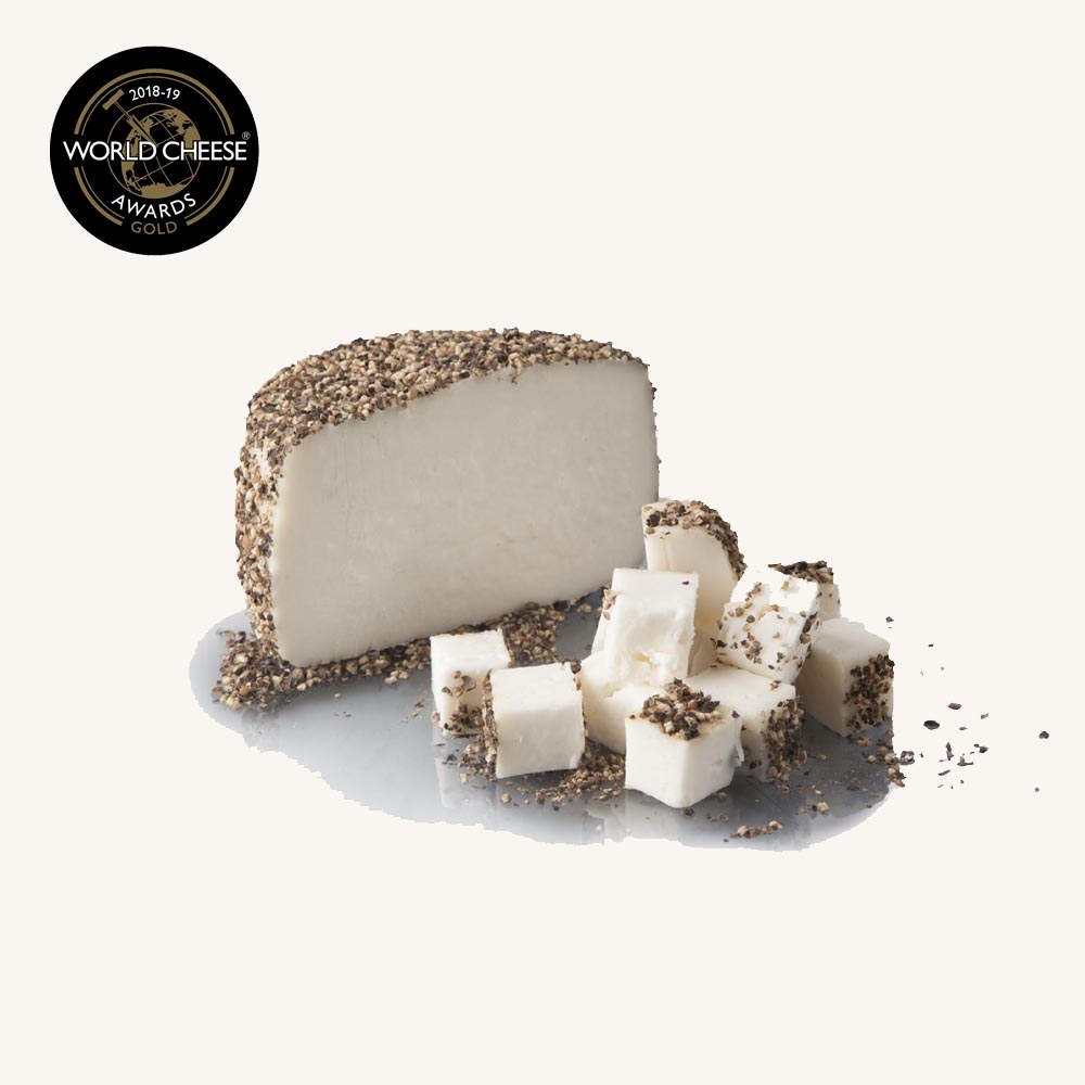 Mas El Garet Pebre Negre (black pepper) artisan ecological goat´s cheese, half wheel 250 gr AA